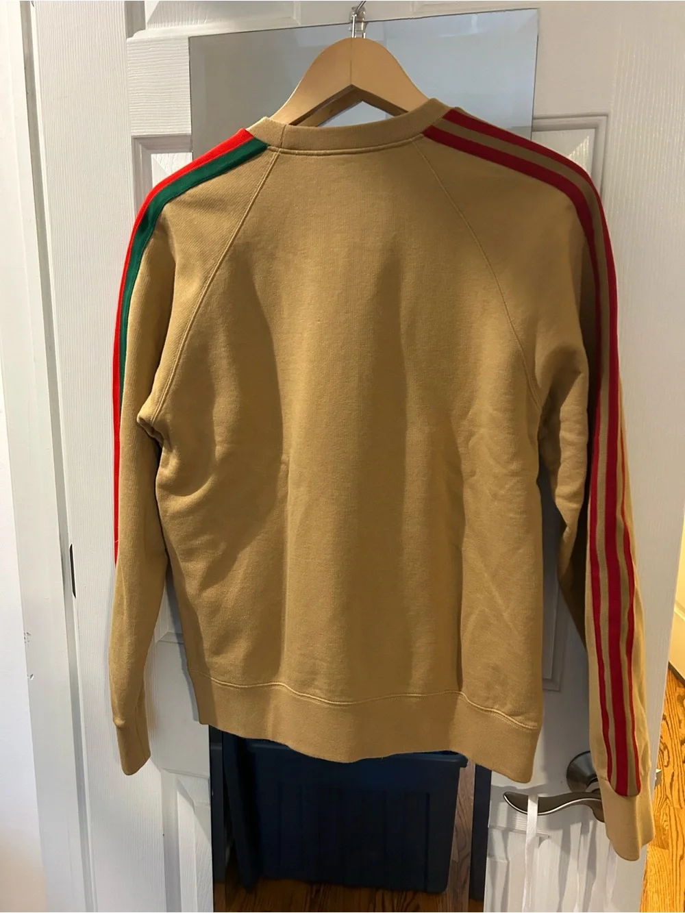 Gucci Tan Crewneck Sweater with Red Logo and Red/Green Sleeve Stripes